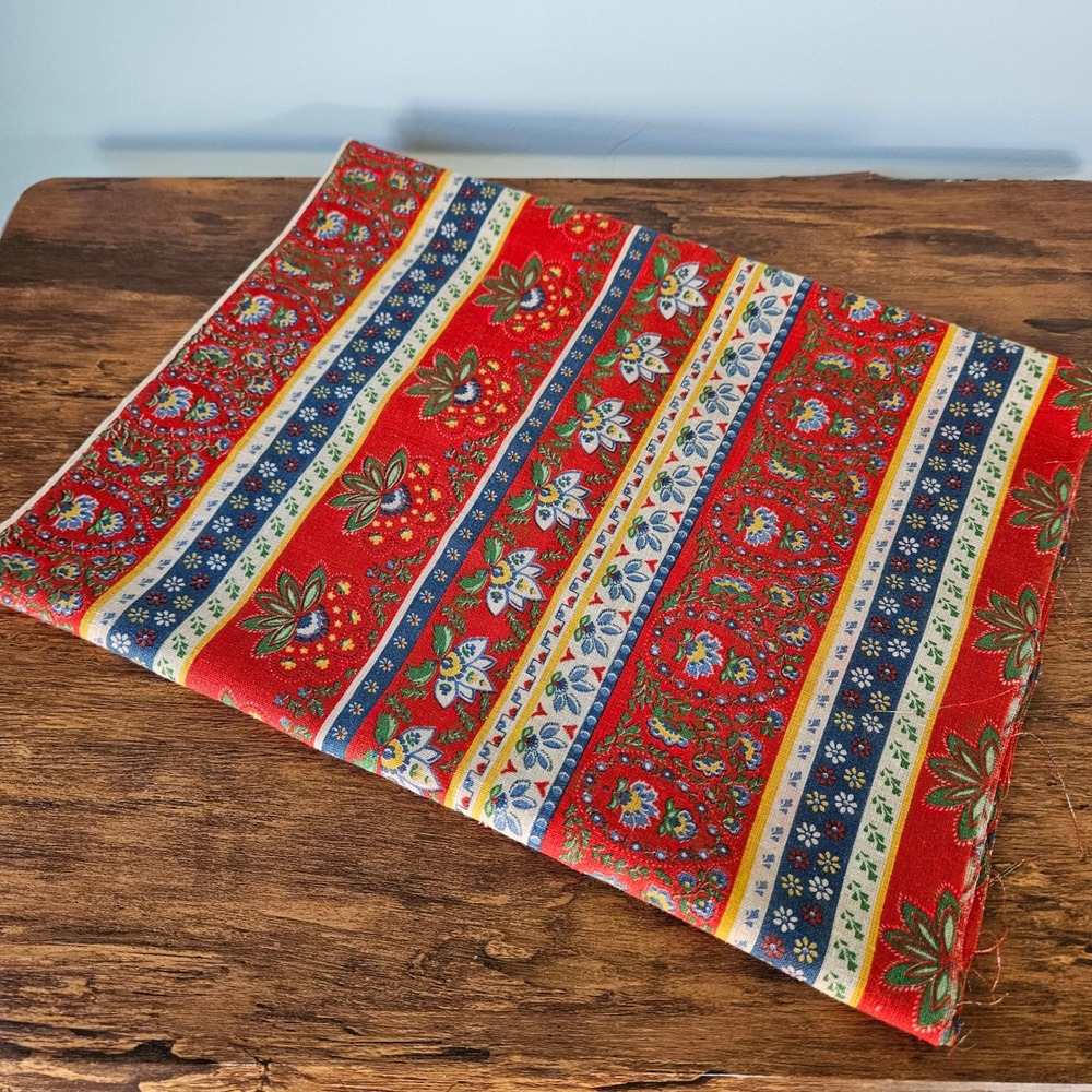 Vintage 70s Red Floral Stripe Folk Cottage Pattern Cotton Fabric Textile Remnant